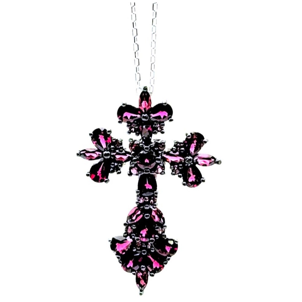 BBJ 925 Sterling Silver Rhodolite Raspberry Garnet Cross Pendant Necklace 18"